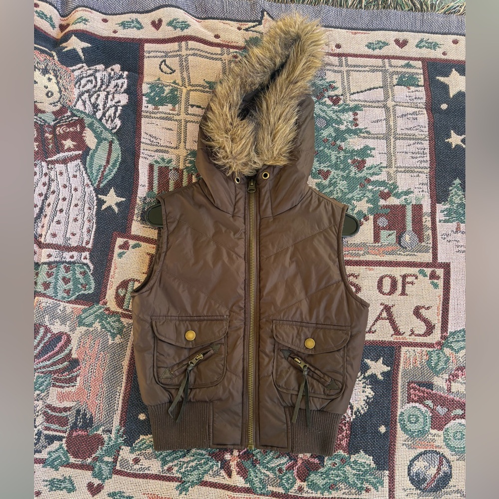Wilsons Leather Brown Vest with Faux Fur Hood